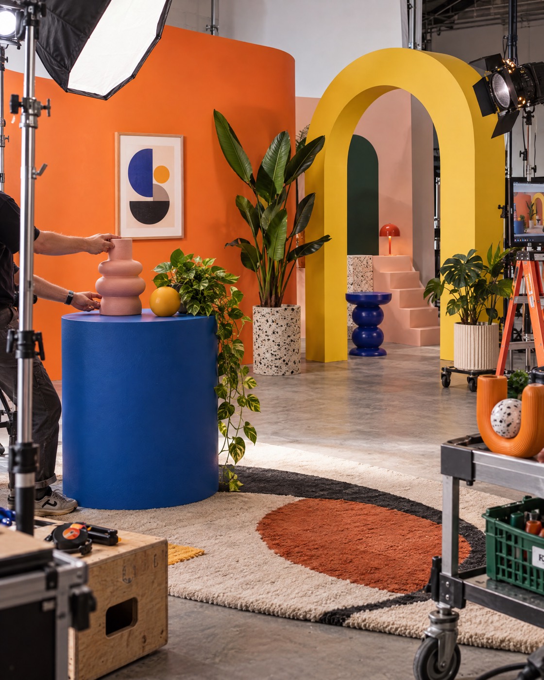 A bold set with an orange wall and a yellow arch.
